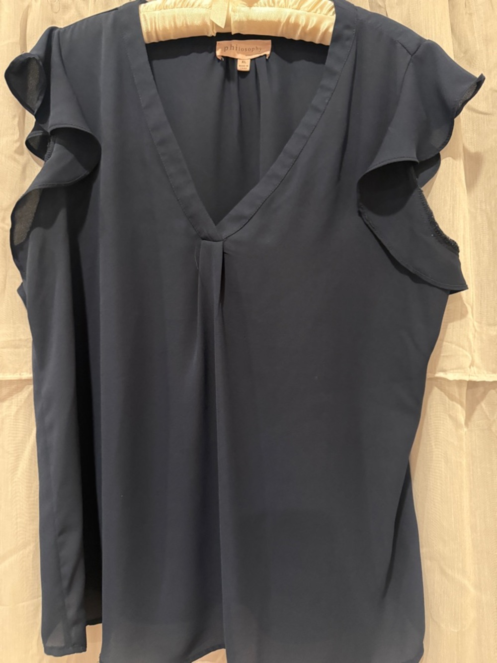 Philosophy Navy Ruffle Sleeve V-Neck Top